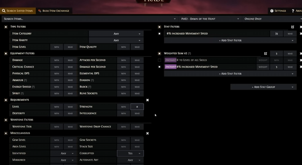 Best Path of Exile Trade Filter for Corrupted Items with Specific Enchants