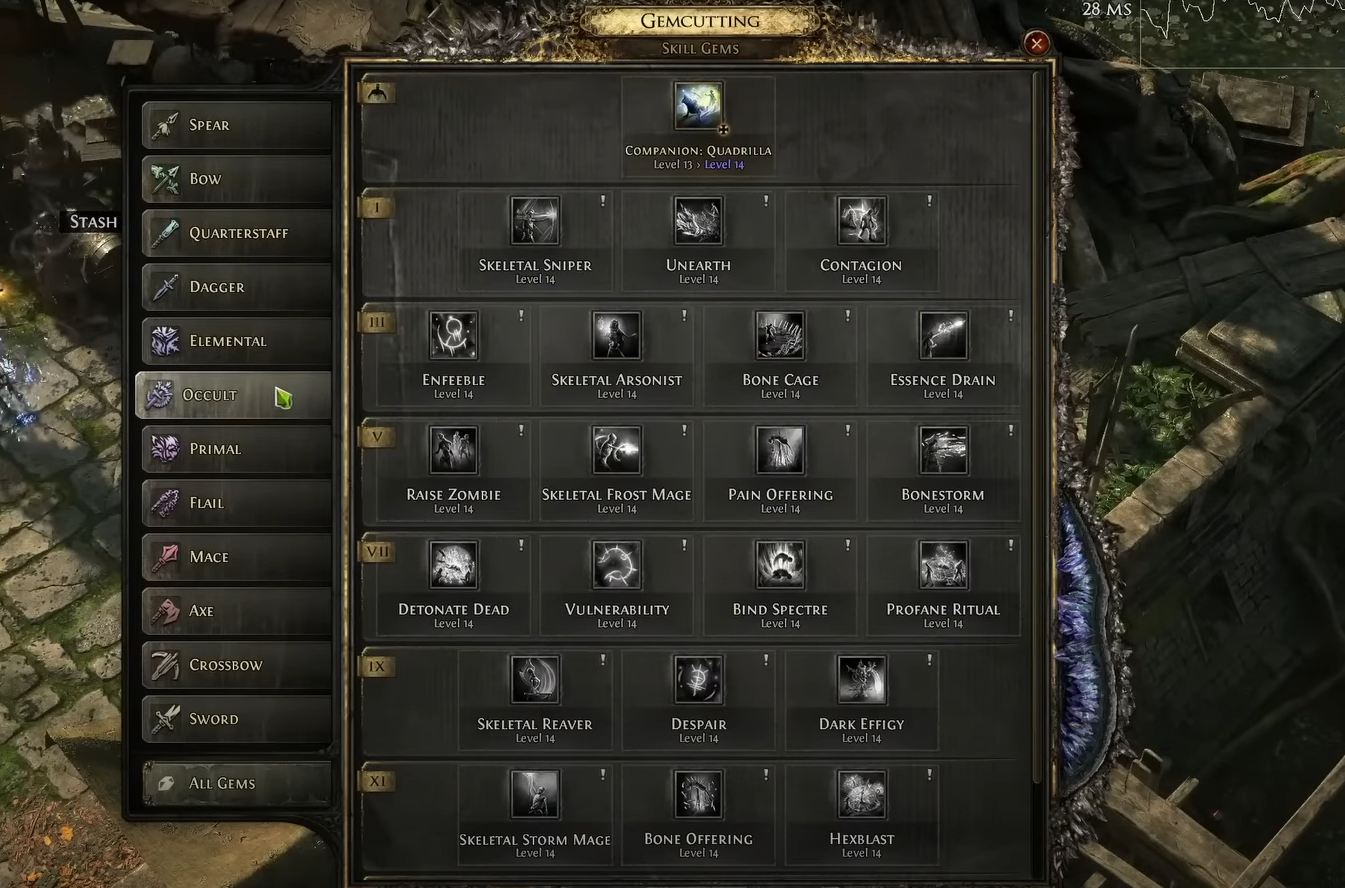 Upgrading the Tame Beast Gem in PoE 2 found in Occult Menu