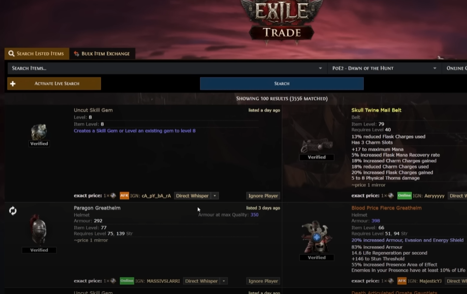 Filtering Best Mirroring Items for Mirrors of Kalandra in PoE 2 Dawn of the Hunt