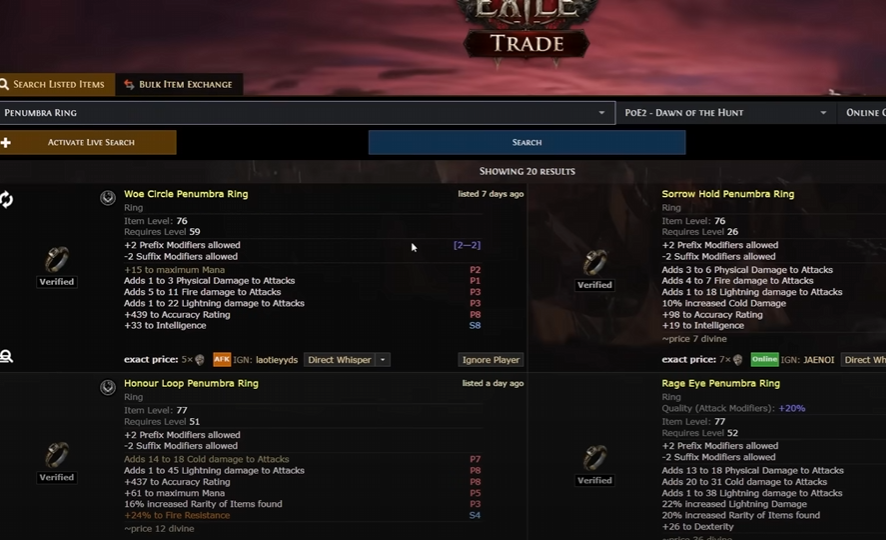 Price Fluctuations for Penumbra Rings in POE 2 Dawn of the Hunt