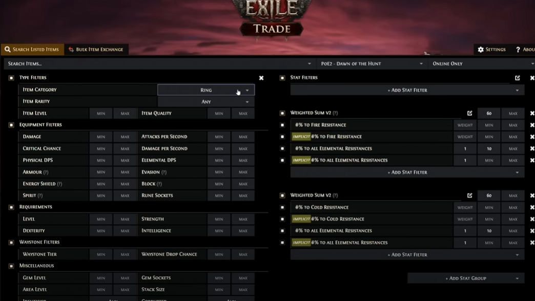 Best PoE 2 Trade Filtering for Cold and Elemental Resistance on Rings